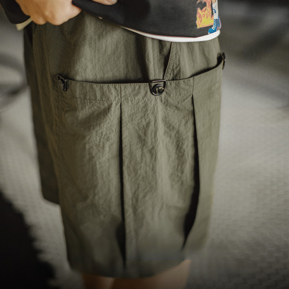 馬登工裝 美式復古風琴大口袋軍綠色短褲直筒梭織薄款五分褲夏季