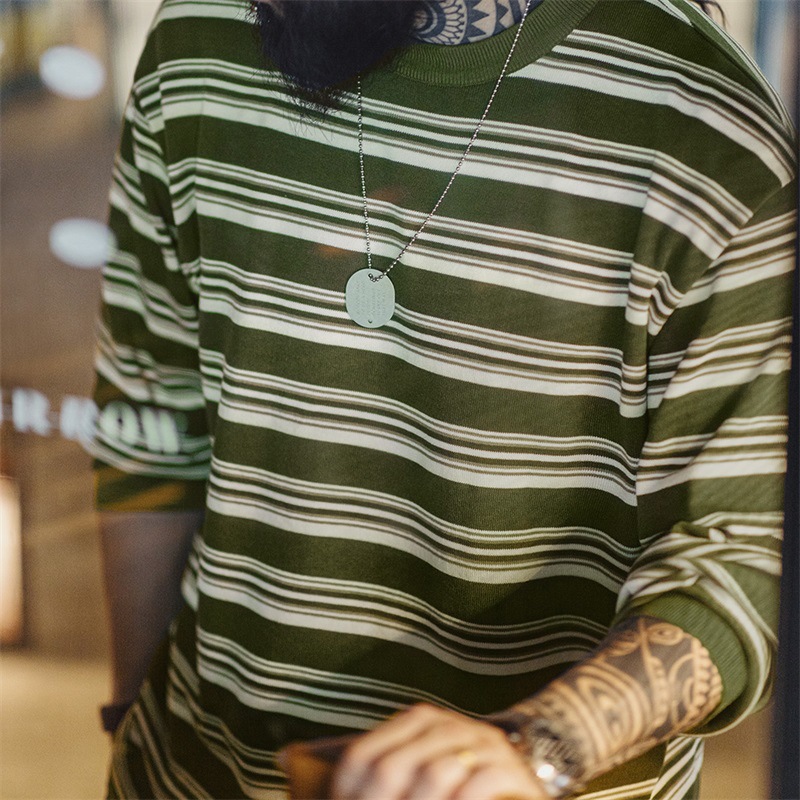 馬登工裝 美式復古撞色條紋長袖T恤羅紋圓領內搭針織打底衫男秋