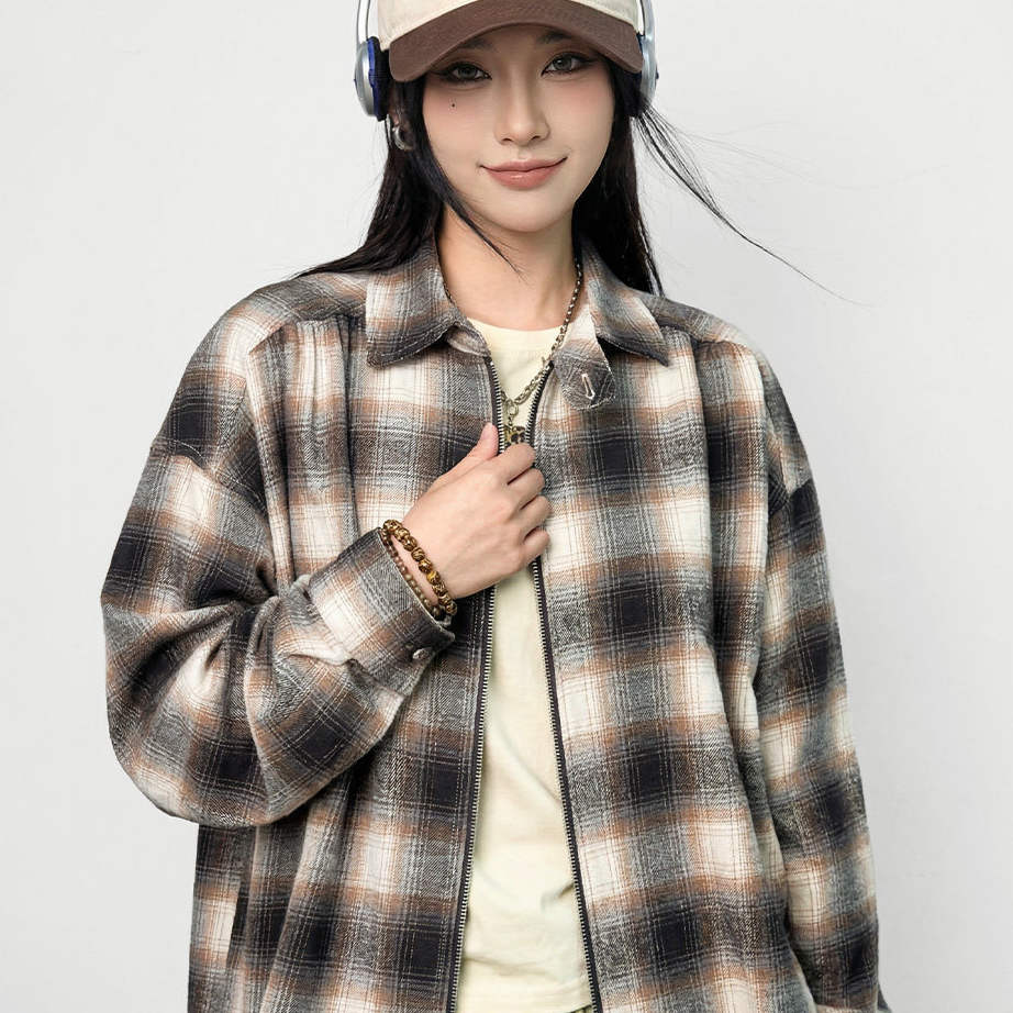 馬登女裝 復古寬鬆翻領純棉磨毛格子紋長袖襯衫薄款夾克外套上衣春