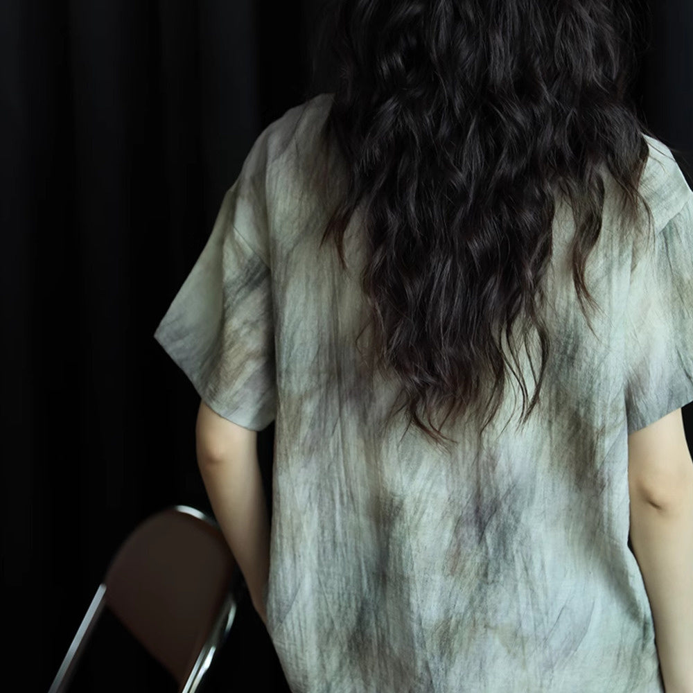 素描氣質襯衣簡約復古設計感短袖襯衫女夏季印花時尚上衣