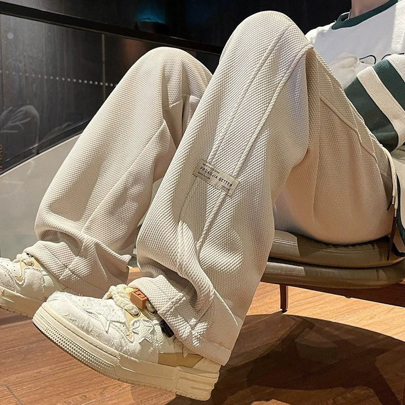 美式休閒菠蘿格長褲鬆緊腰編織腰繩垂感寬鬆運動褲