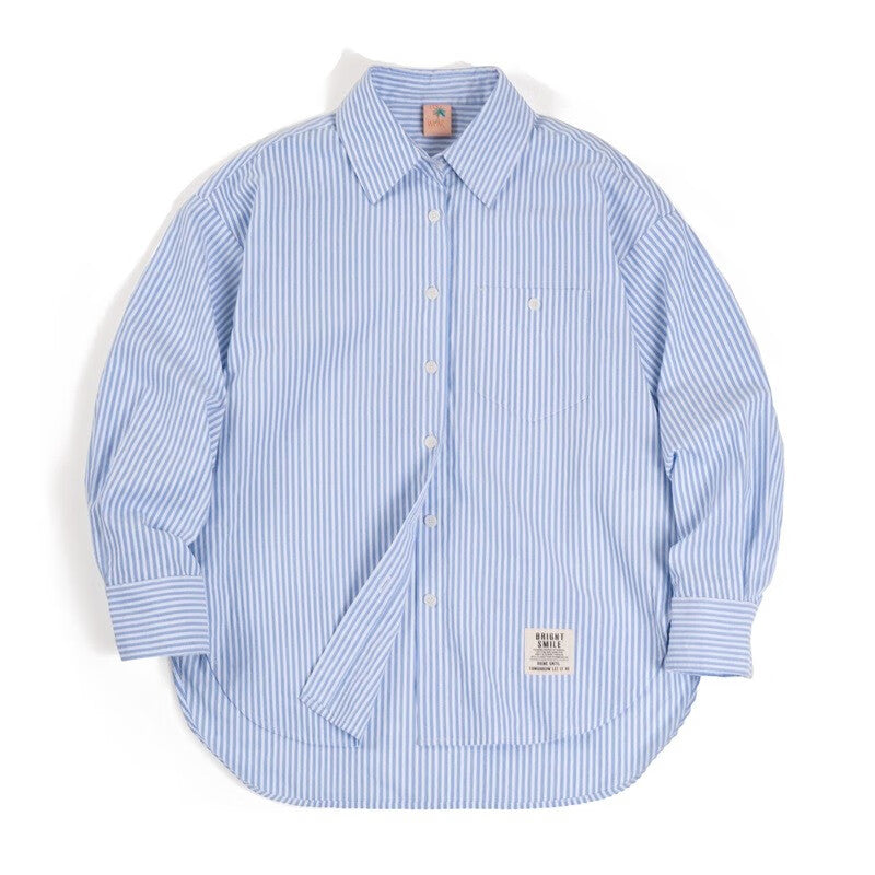 馬登女裝 法式經典藍白條紋襯衫寬鬆休閒開衫襯衣外套