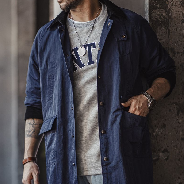 馬登工裝 美式復古Oversize獵裝風衣寬鬆翻領單排扣中長款外套秋冬