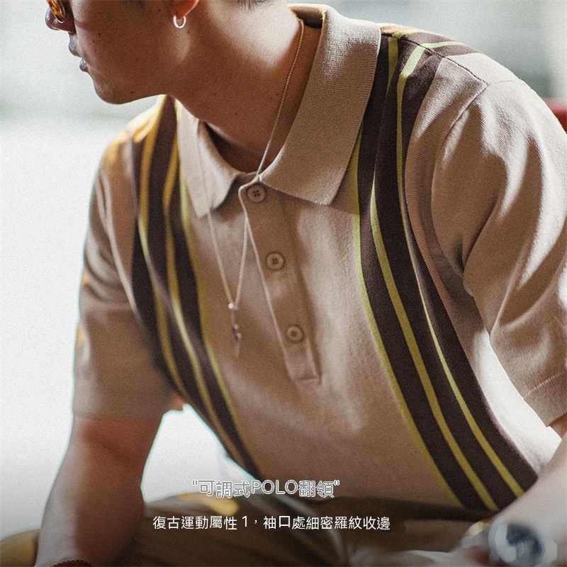 馬登工裝 美式復古針織Polo保齡球衫雅痞撞色條紋翻領短袖T恤