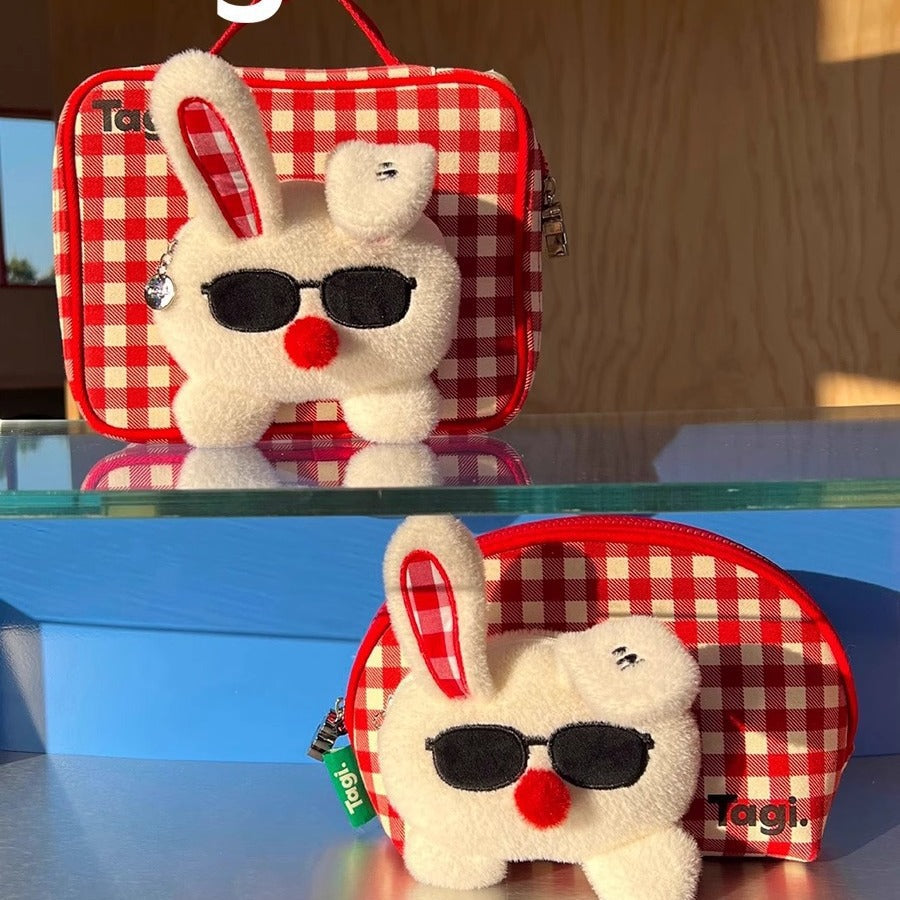 塔皮兔格子可愛收納包洗漱大容量便攜貝殼化妝包小方包包