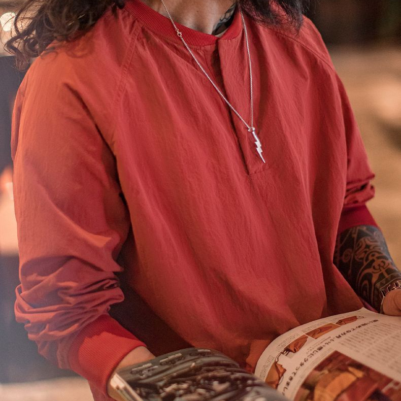 馬登工裝 美式復古棒球領衛衣新年紅色上衣寬鬆套頭衫圓領T恤男春