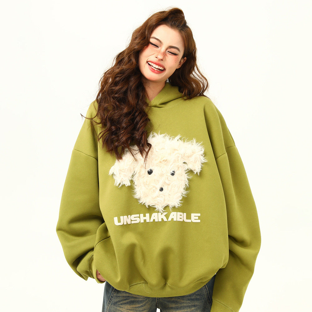 美式復古毛絨小狗刺繡連帽衛衣秋冬百搭休閒寬鬆情侶衛衣外套