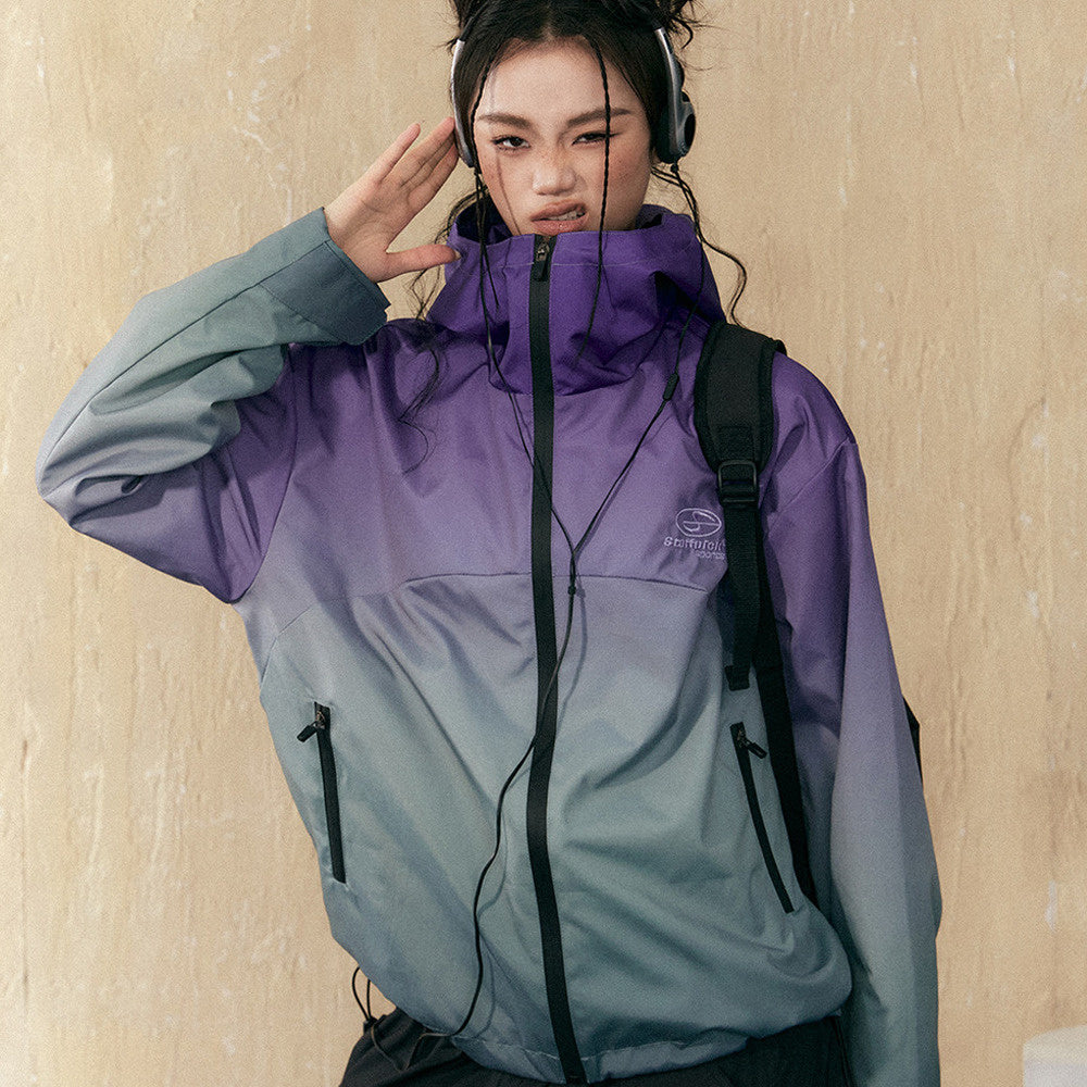 復古漸變色紫色衝鋒衣女戶外山系防水登山服連帽情侶外套
