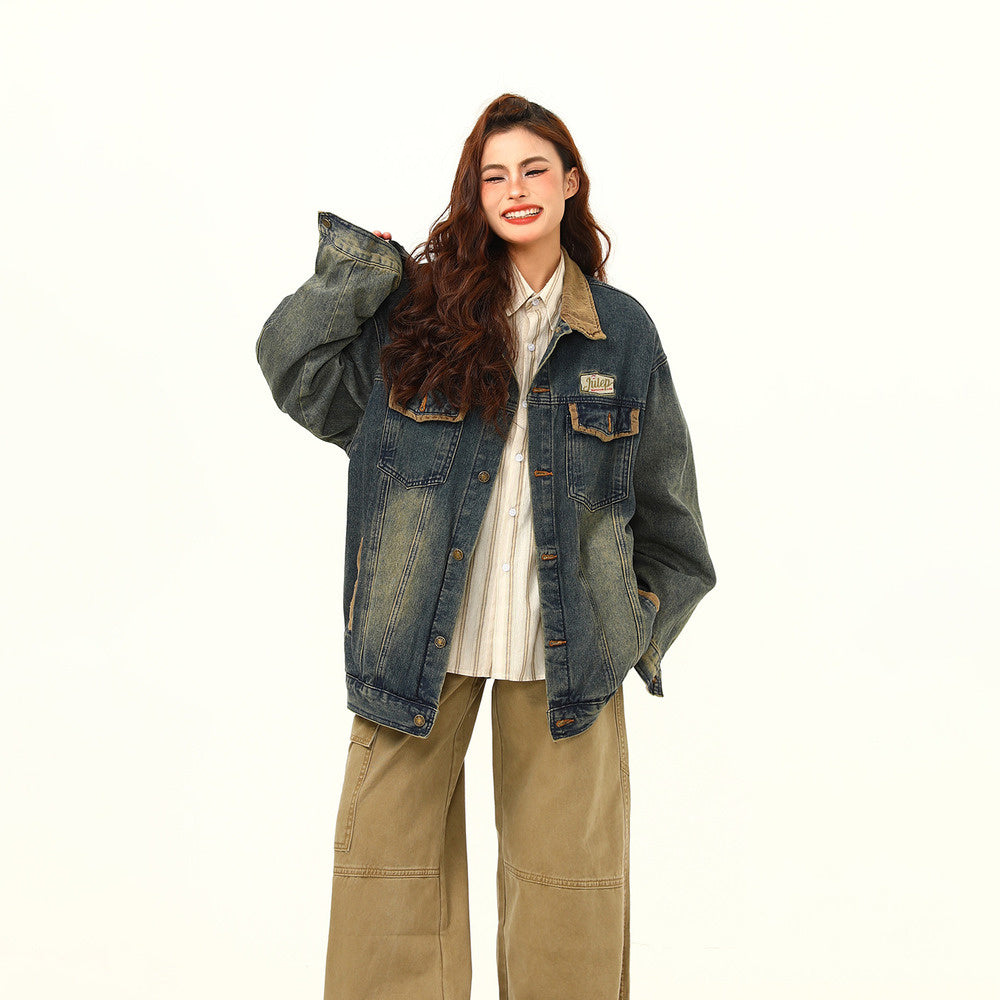 美式復古拼接設計感翻領水洗牛仔外套寬鬆情侶工裝機車夾克