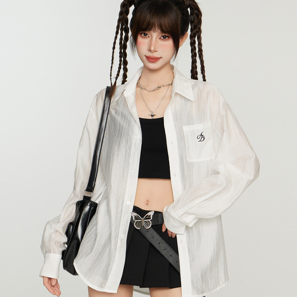 白色防曬襯衫外套女夏季薄款襯衣開衫長袖罩衫防曬衫天絲上衣