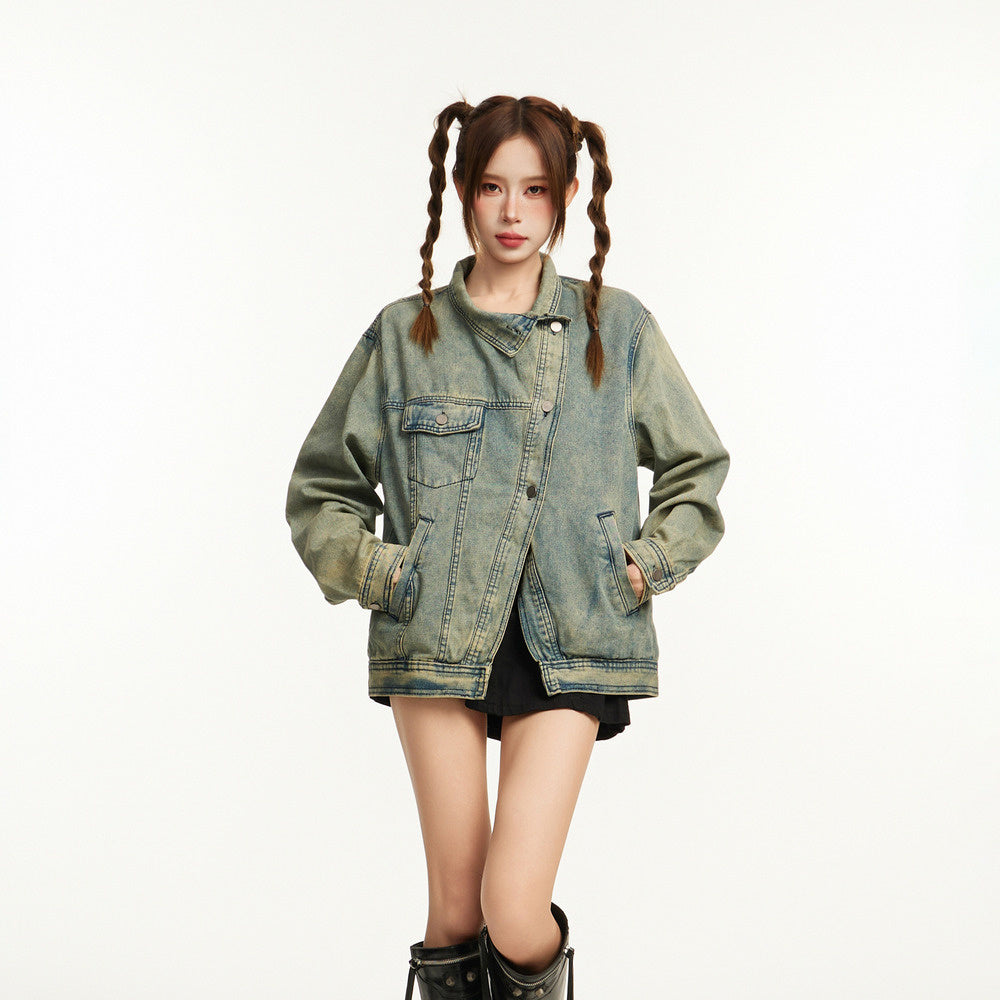 美式復古水洗做舊牛仔外套女秋冬寬鬆重磅工裝翻領開衫夾克
