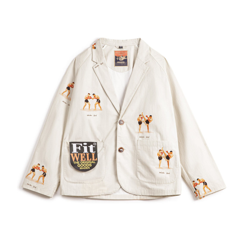 馬登工裝 美式休閒平駁領西裝印花外套白色西服純棉長袖襯衫外套男春