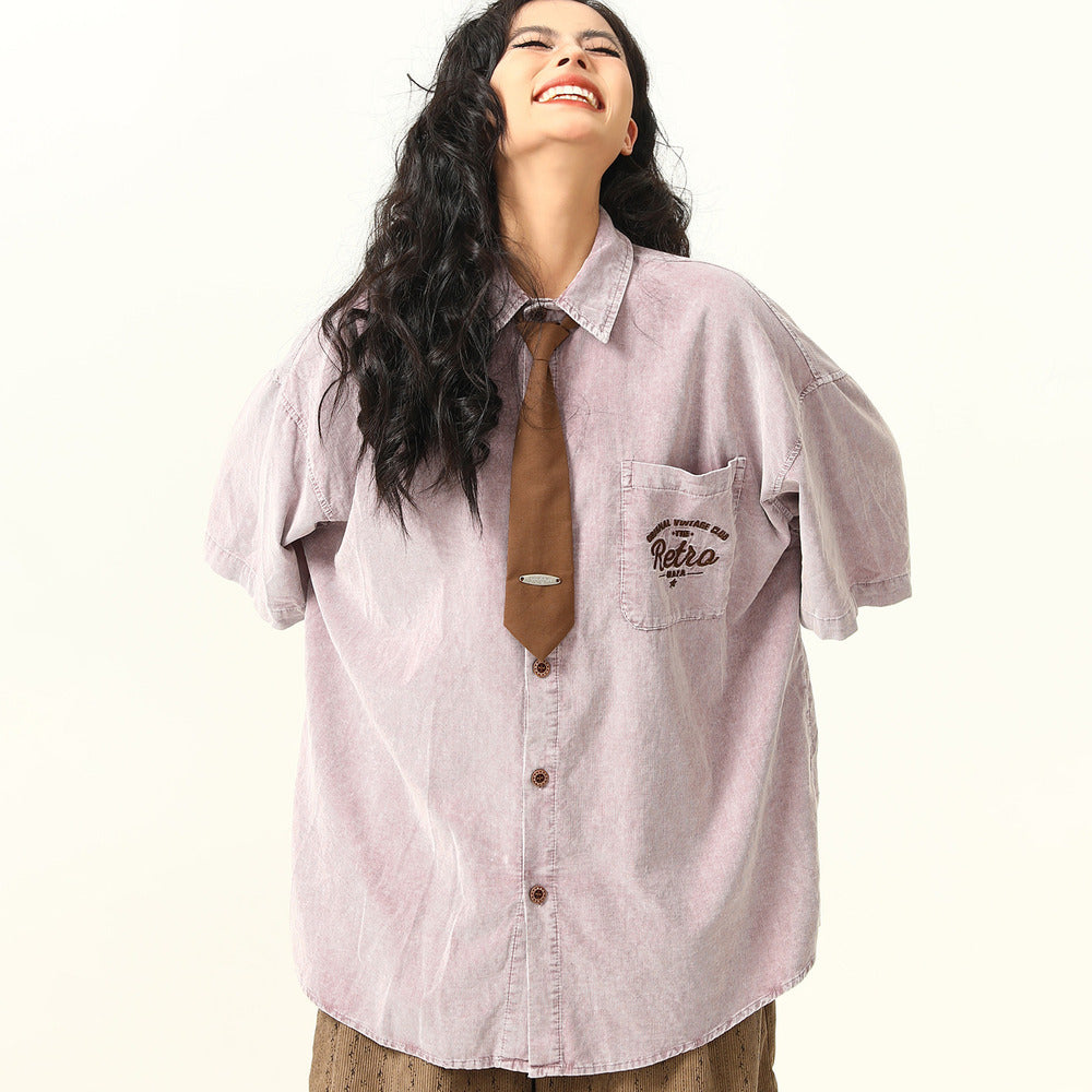 美式復古Vintage襯衫女古著感春夏休閒個性刺繡短袖口袋襯衣