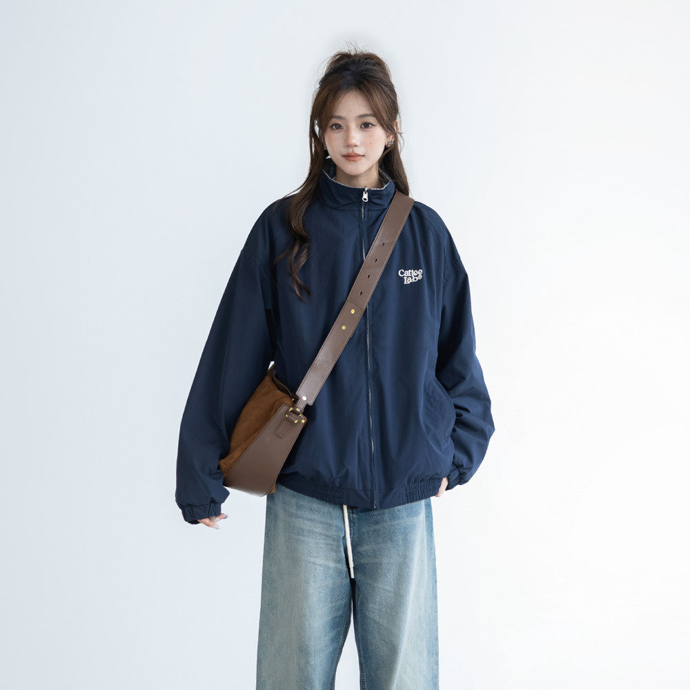 美式復古兩面穿拼接格紋外套學院風立領休閒工裝夾克