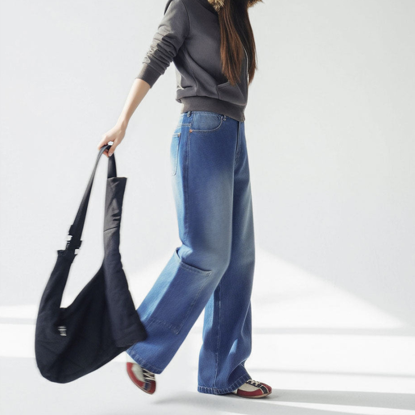 馬登女裝 丹寧藍色直筒拼接大口袋牛仔褲純棉闊腿工裝長褲子秋冬