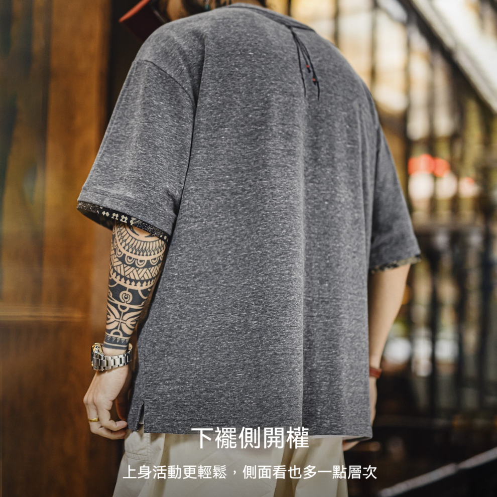 馬登工裝 美式復古寬鬆圓領項鍊印花T恤古布拼接針織短袖衫男春夏