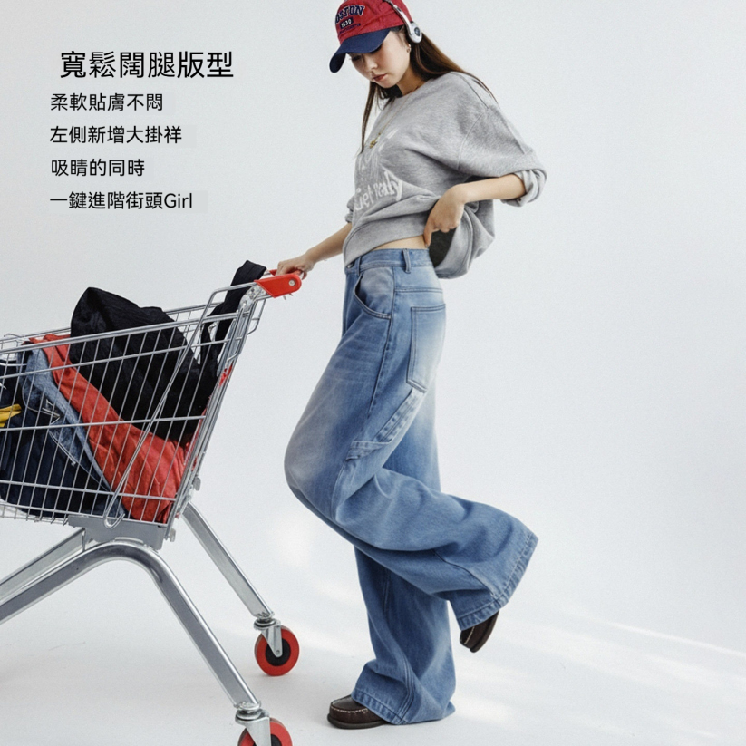 馬登女裝 淺藍色美式復古水洗做舊寬鬆闊腿直筒牛仔褲拖地長褲子女士春