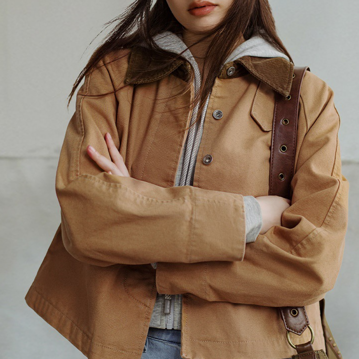 馬登女裝 美式工裝夾克美拉德燈芯絨拼接帆布外套寬鬆休閒翻領上衣春秋