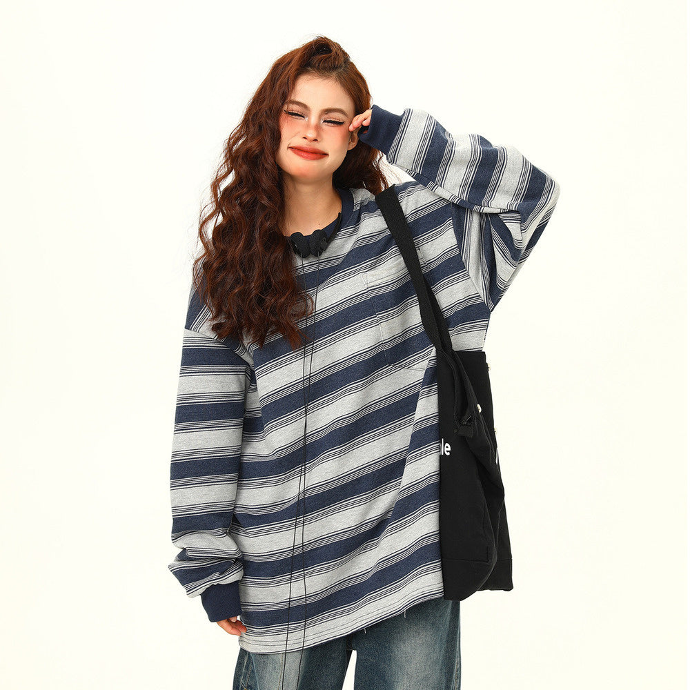 美式復古條紋長袖衛衣T恤秋季寬鬆休閒打底衫百搭情侶上衣
