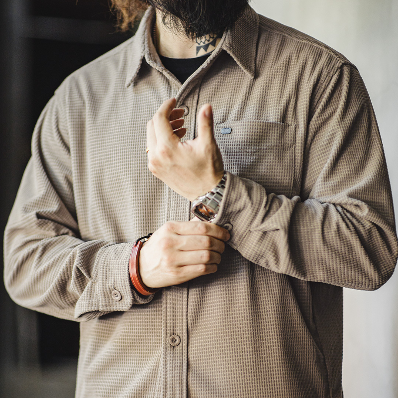 馬登工裝 美式復古玉米粒格子襯衫翻領純色休閒鬆弛感長袖襯衣男春秋