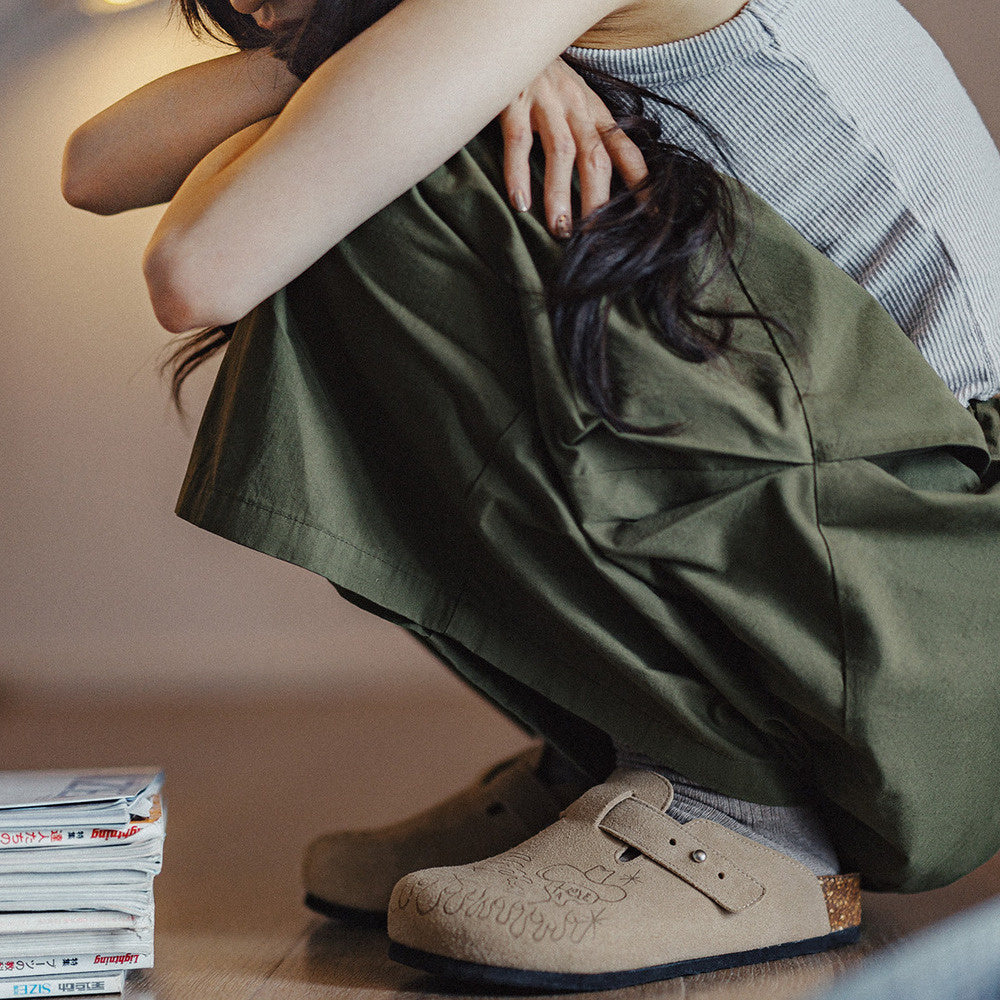 馬登女裝 插畫版穆勒鞋室外軟木休閒包頭凉拖鞋外穿釣魚懶人厚底鞋