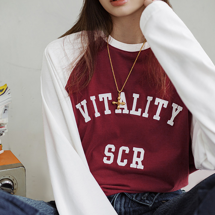 馬登女裝 美式酒紅色插肩長袖衛衣T恤撞色純棉寬鬆打底衫春秋