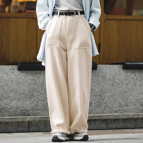 馬登女裝 美式白色牛仔Cleanfit闊腿褲寬鬆口袋工裝褲直筒休閒長褲