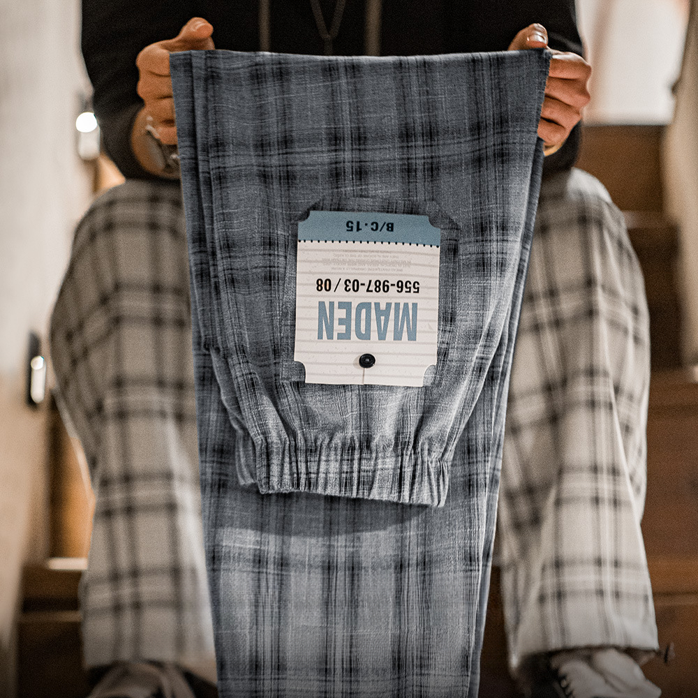 馬登工裝 美式復古束脚闊腿格子褲色織寬鬆薄款抽繩直筒休閒褲男春夏