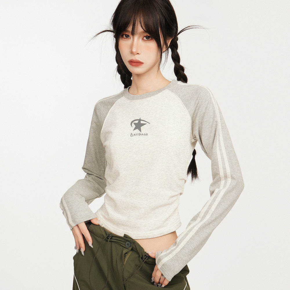 美式辣妹插肩長袖T恤女春秋季內搭打底修身顯瘦純棉上衣