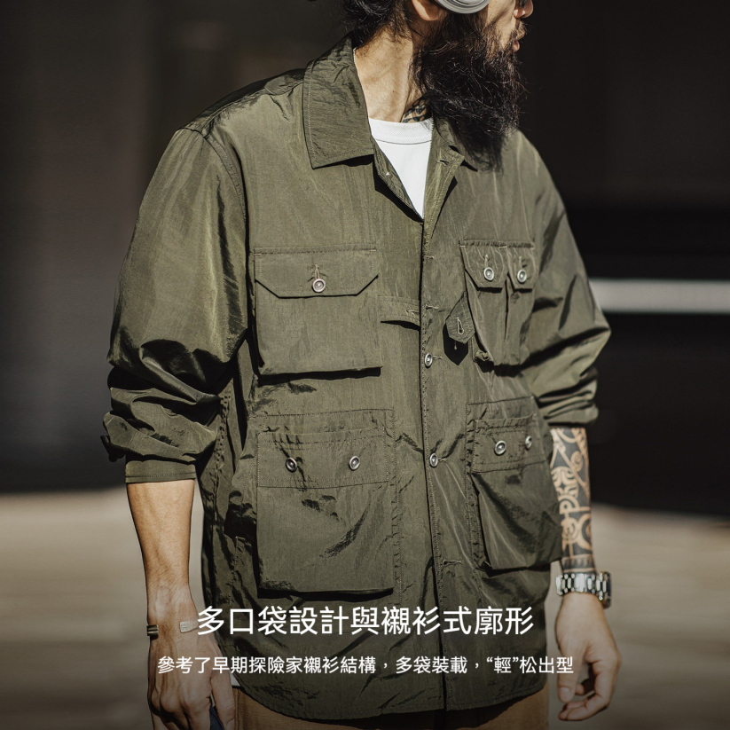 馬登工裝 美式復古獵裝襯衫薄款梭織多口袋軍綠色長袖襯衫外套男春