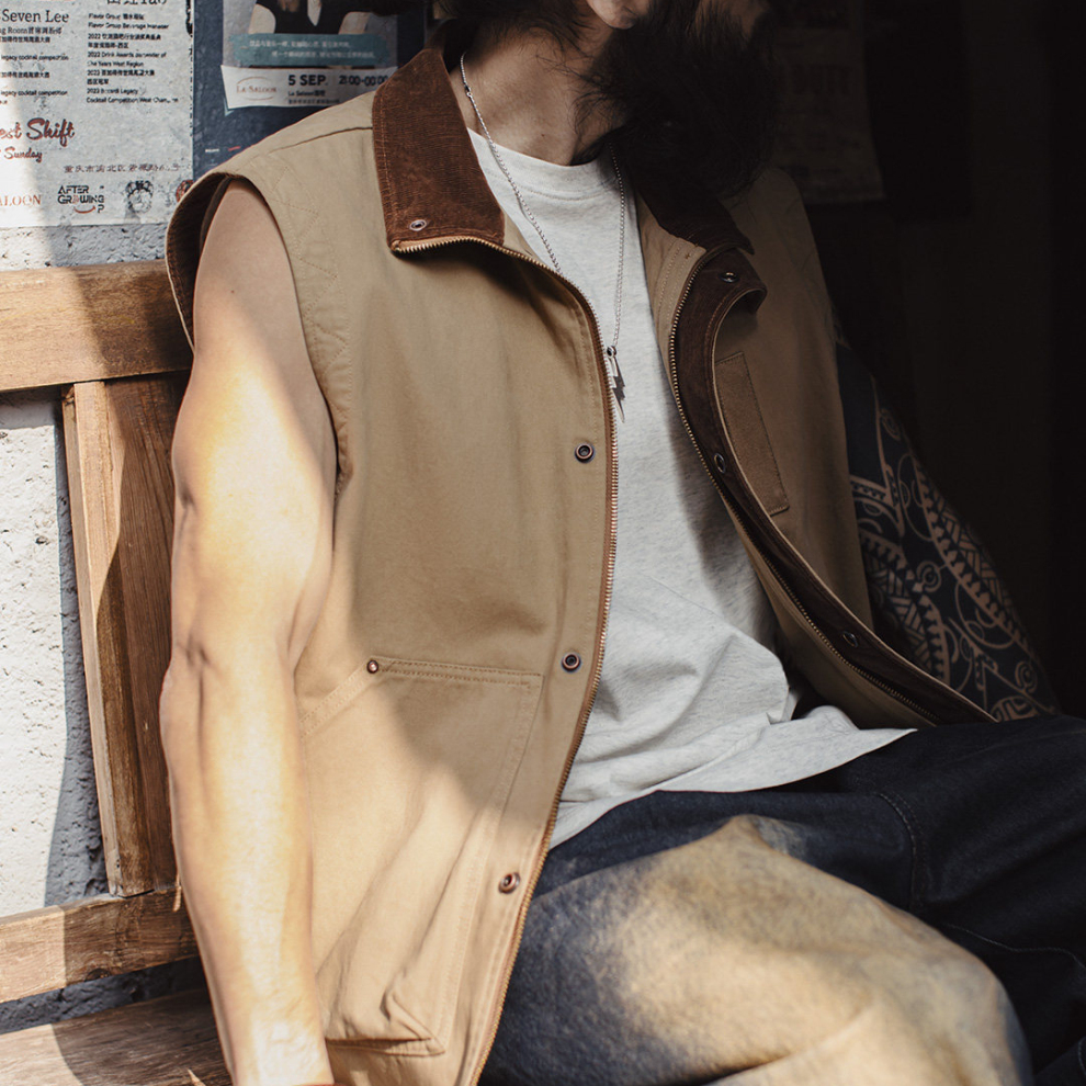 馬登工裝 美式復古safari馬甲獵裝純棉卡其色燈芯絨背心外套男款春