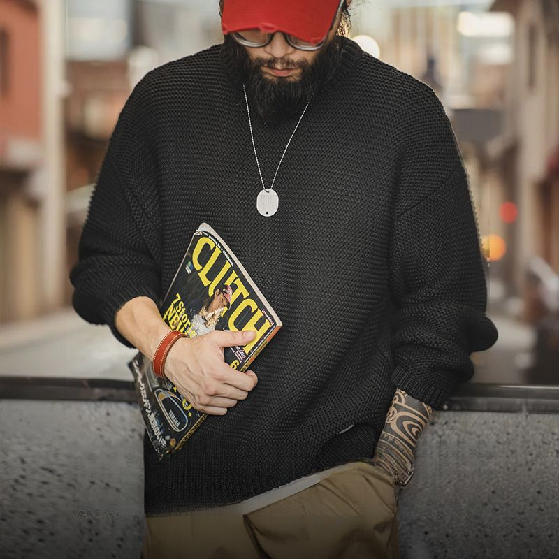 馬登工裝 美式復古重磅肌理針織毛衣寬鬆落肩圓領套頭打底衫男秋冬