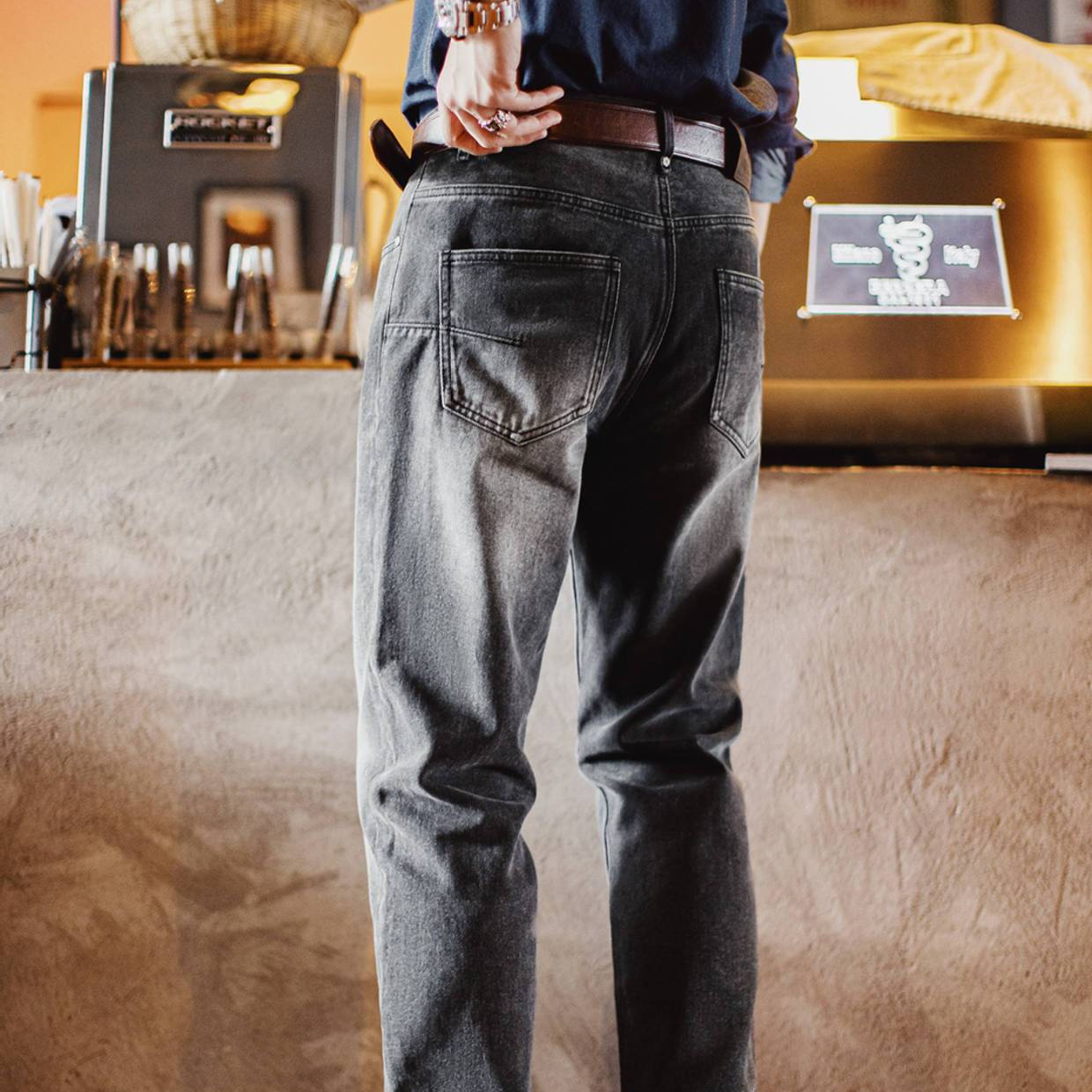 馬登工裝 美式休閒水洗做舊牛仔褲灰色直筒微錐蘿蔔褲長褲子男夏秋