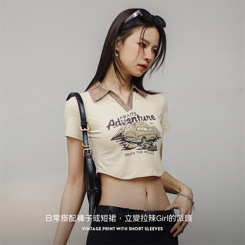 馬登女裝 復古印花Polo衫露腰短款正肩短袖修身顯瘦T恤辣妹鎖骨上衣