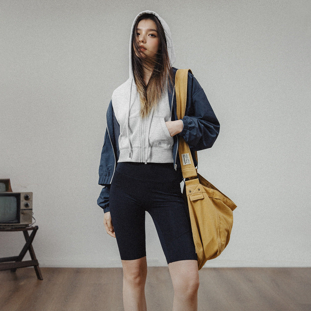 馬登女裝 美式高腰口袋短衛衣修身連帽拉鍊衛衣開衫運動外套