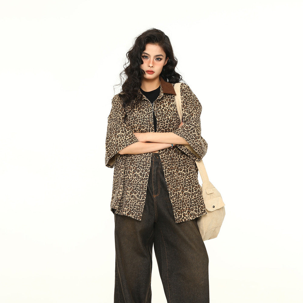 美式復古街頭潮流豹紋短袖襯衫個性休閒翻領襯衣外套