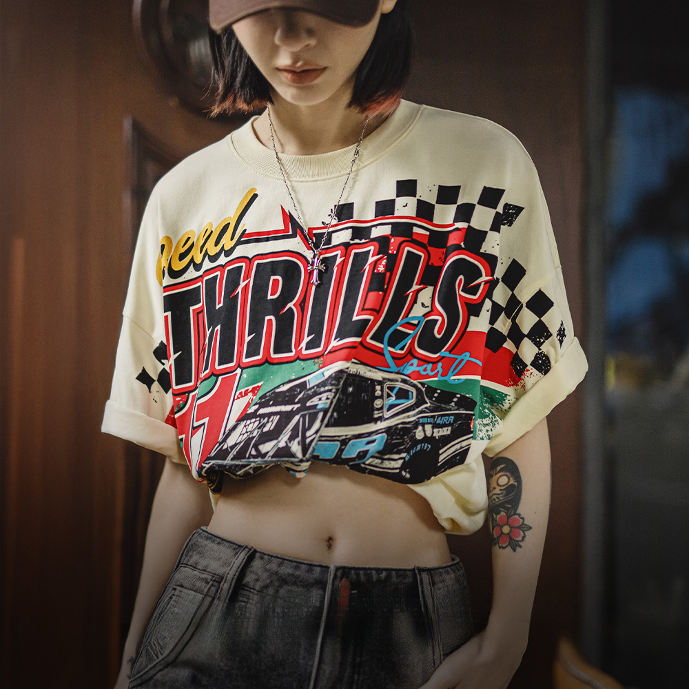 馬登女裝 復古Oversize賽車插畫落肩T恤高街慵懶寬鬆遮肉純棉短袖夏女