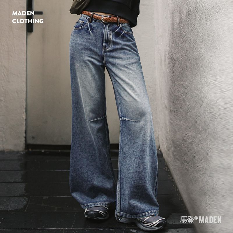 馬登女裝 Cleanfit重工水洗破洞牛仔褲直筒遮胯拖地工裝長褲