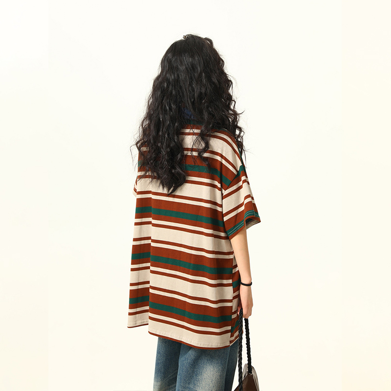 美式復古美拉德條紋短袖T恤女寬鬆Oversize夏季上衣