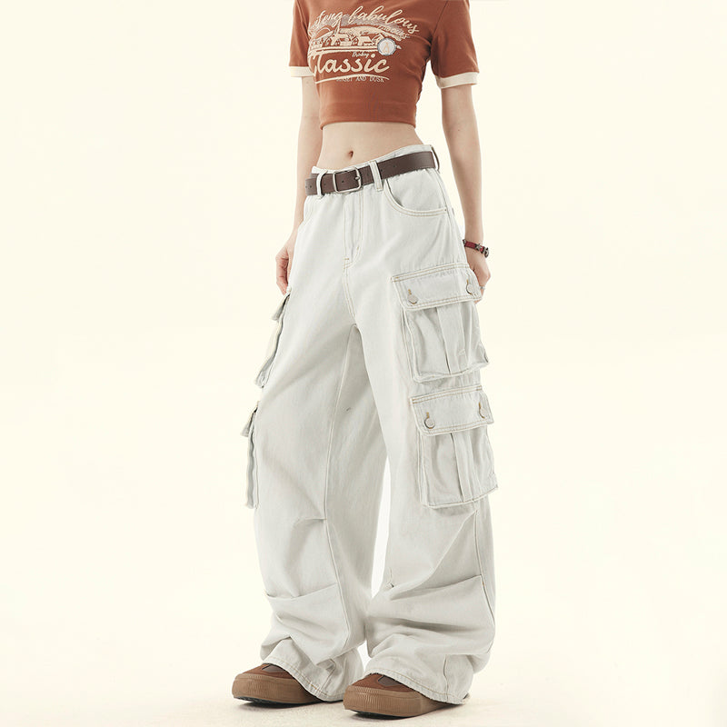 美式復古多口袋水洗直筒工裝牛仔褲女街頭褶皺設計闊腿休閒褲
