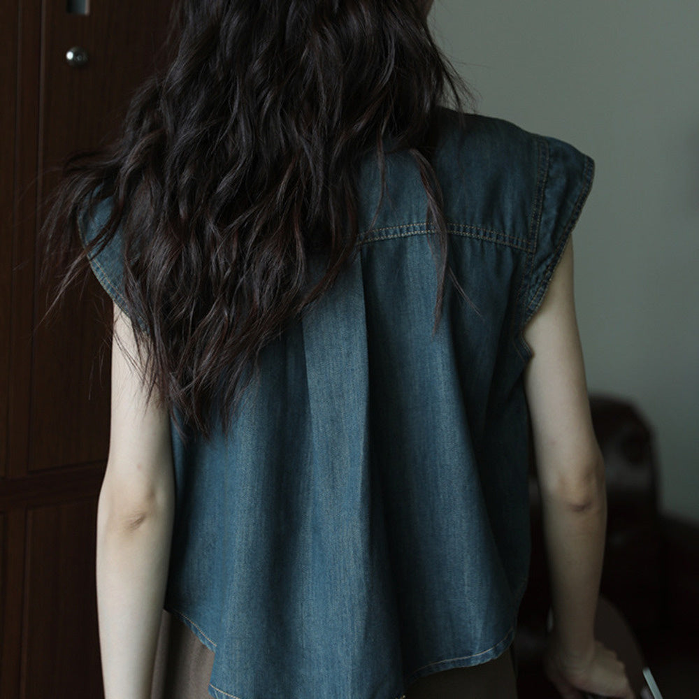 牛仔深藍色百搭簡約氣質復古設計感無袖襯衫女時尚上衣