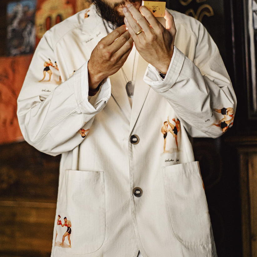 馬登工裝 美式休閒平駁領西裝印花外套白色西服純棉長袖襯衫外套男春