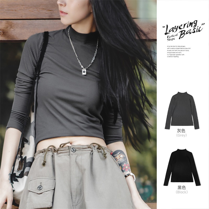 馬登女裝 美式休閒半高領純色打底衫內搭修身長袖打底衣