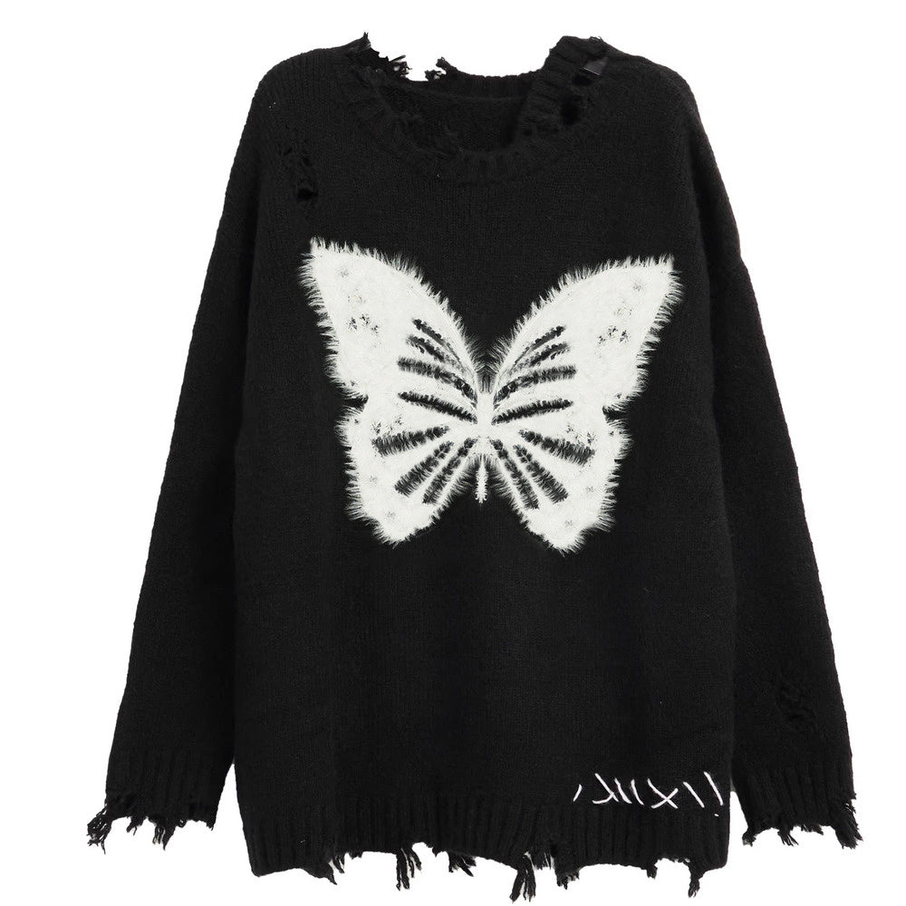 美式復古黑色露肩毛衣女秋冬季慵懶風oversize設計感針織衫