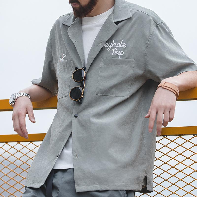 馬登工裝 美式復古桃皮絨古巴領短袖襯衫阿美咔嘰春夏寬鬆襯衣