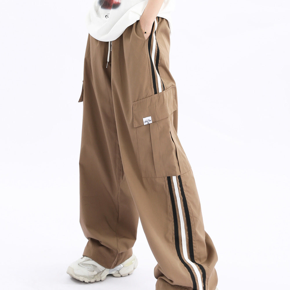 美式復古條紋運動褲垂感街舞褲寬鬆嘻哈hiphop百搭長褲