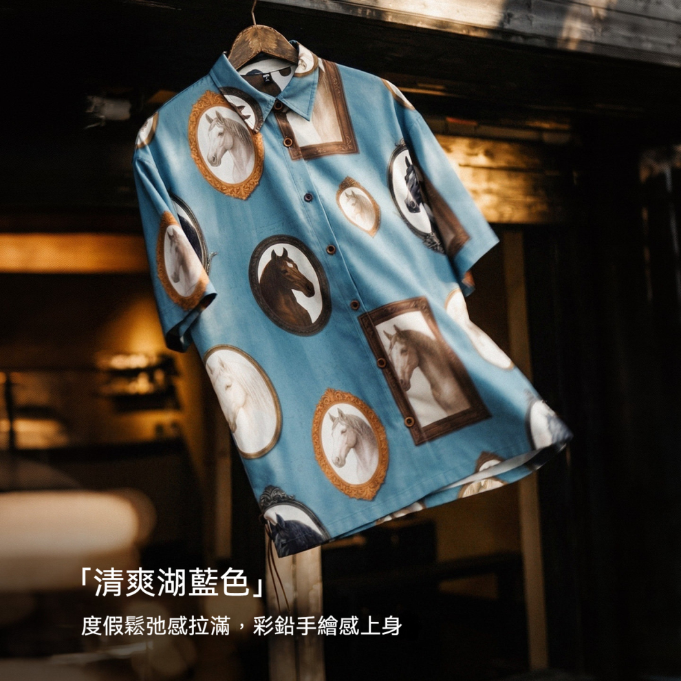 馬登女裝 美式復古翻領寬鬆度假風趣味印花短袖襯衫女士夏外穿襯衣