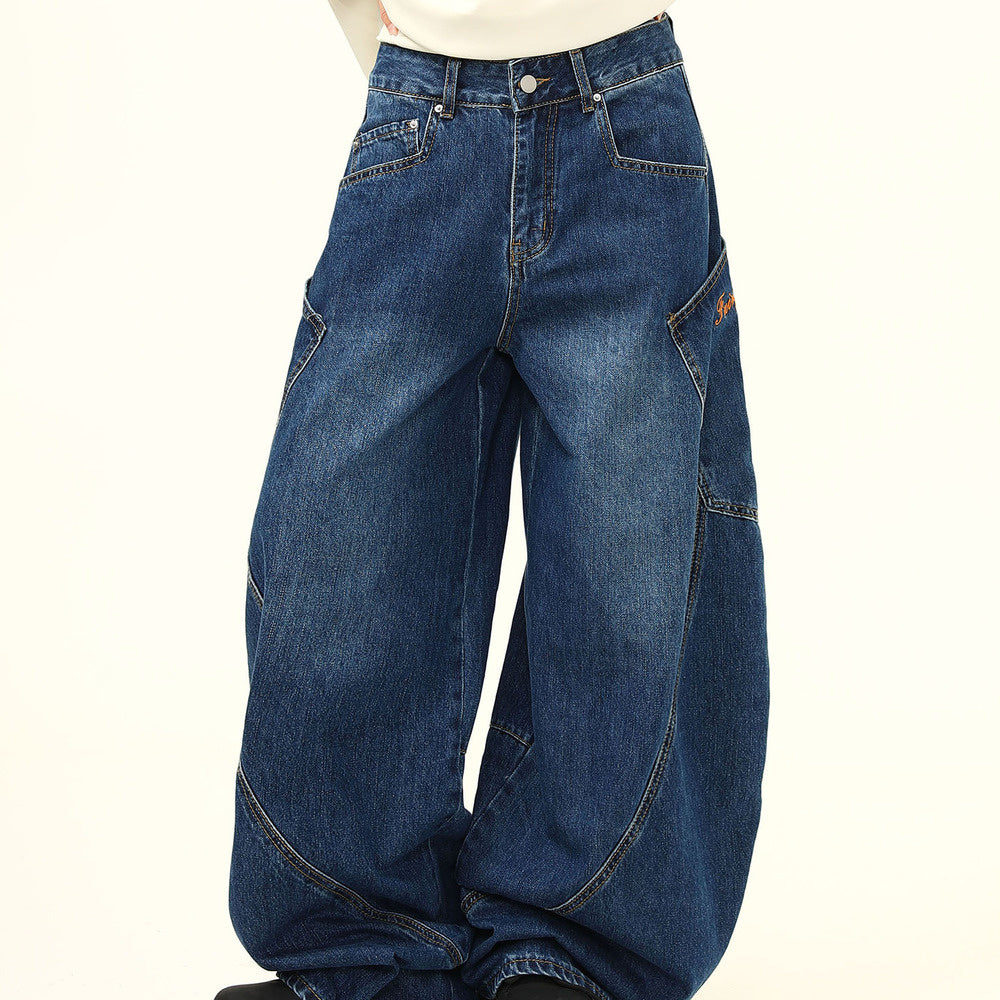 小眾設計感大口袋彎刀牛仔褲美式街頭潮牌辣妹拖地褲子