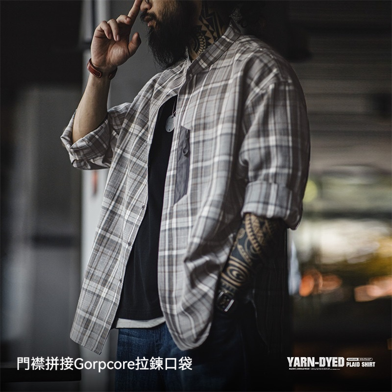 馬登工裝 美式復古立領格子襯衫Cleanfit混紡休閒長袖襯衣男秋