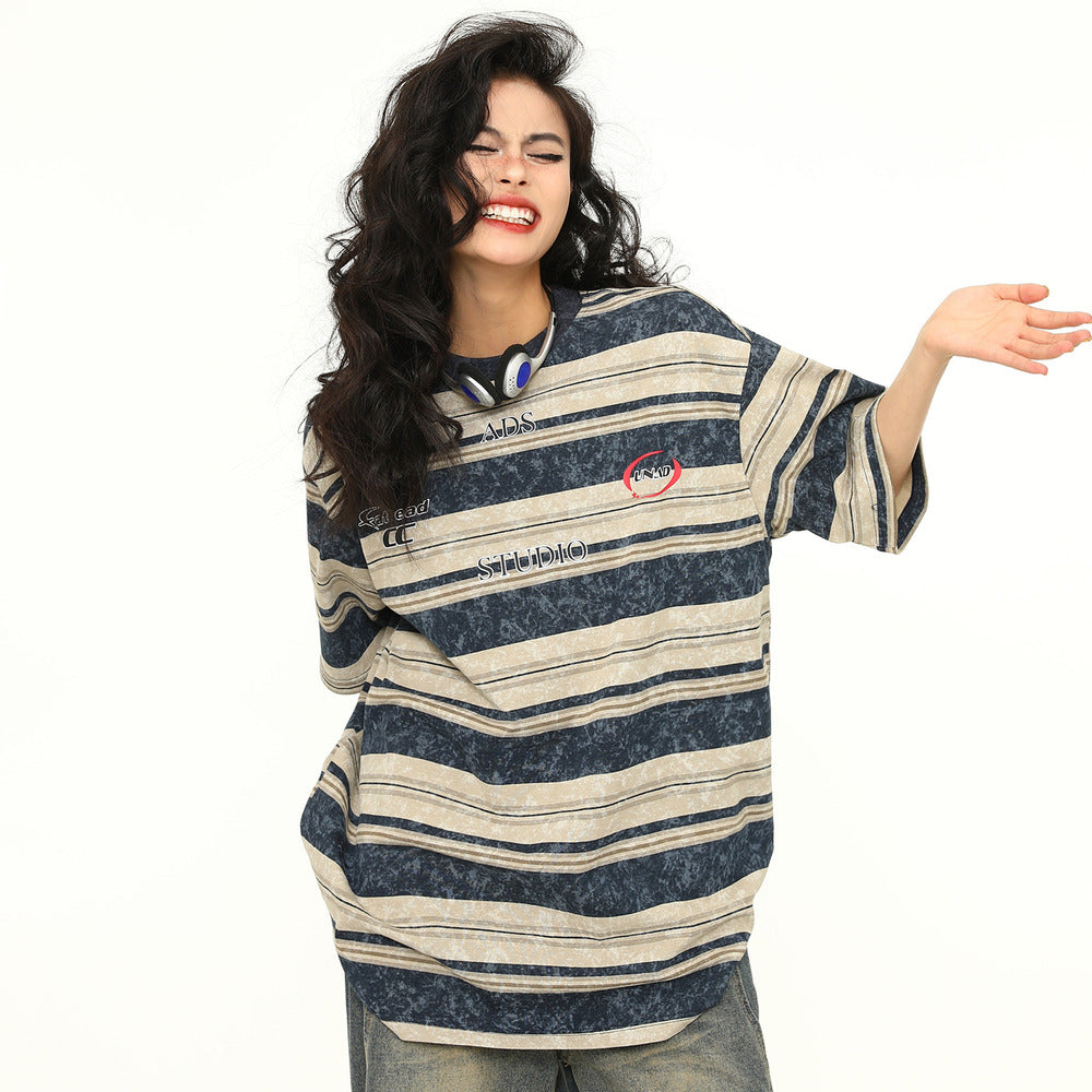 夏季新款美式復古條紋短袖T恤紮染設計感上衣潮